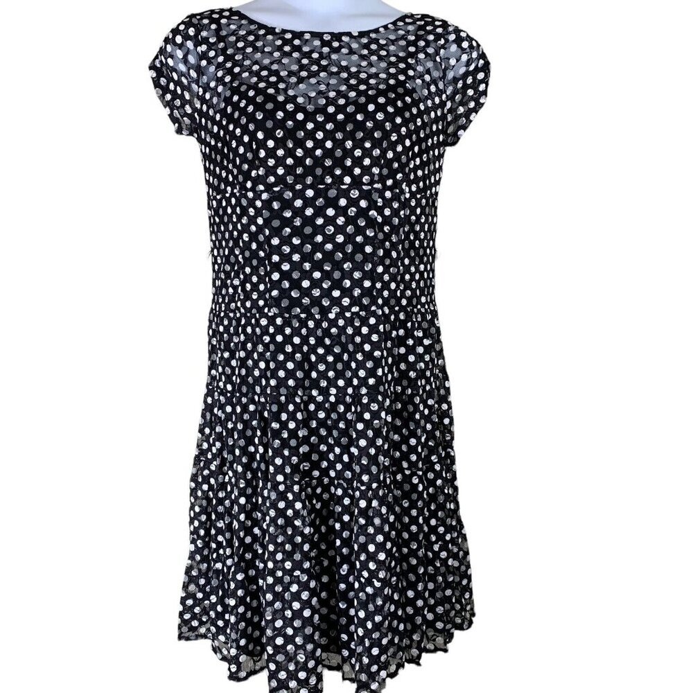 JR Nites Carollin Size 10 Dress Black White Lace Polka Dot Short Sleeve